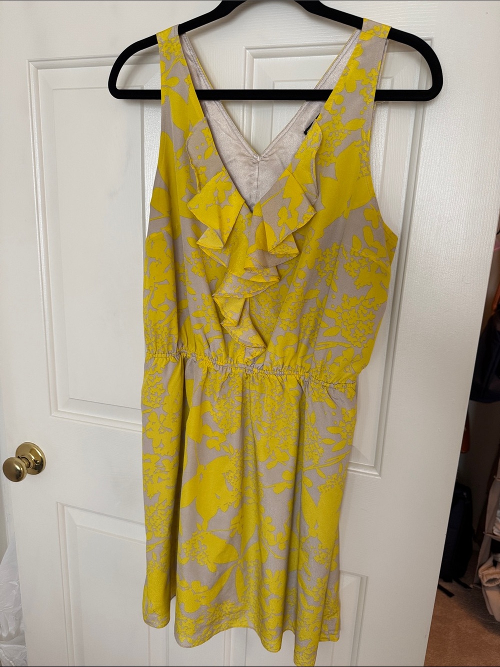 Express Yellow Floral Ruffle V-Neck Mini Dress